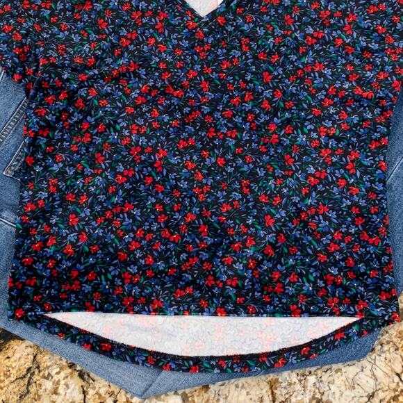 NWT LOFT Black Luxe Velvet W/Blue & Red Floral V-Neck Short Sleeve Top - Picture 5 of 11